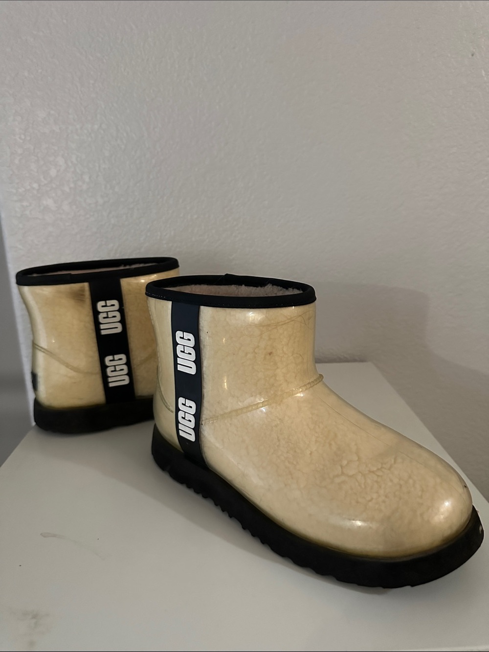 UGG Cream Glossy Short Rain Boots with Black Trim